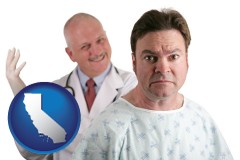 california map icon and a nervous patient and a smiling urologist