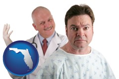 florida map icon and a nervous patient and a smiling urologist