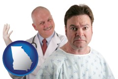 georgia map icon and a nervous patient and a smiling urologist