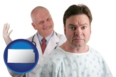 kansas map icon and a nervous patient and a smiling urologist