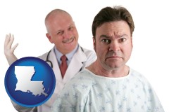 louisiana map icon and a nervous patient and a smiling urologist