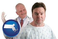 massachusetts map icon and a nervous patient and a smiling urologist