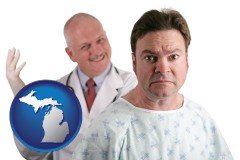 michigan map icon and a nervous patient and a smiling urologist
