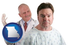 missouri map icon and a nervous patient and a smiling urologist