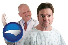 north-carolina map icon and a nervous patient and a smiling urologist