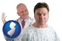 new-jersey map icon and a nervous patient and a smiling urologist