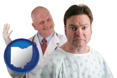 ohio map icon and a nervous patient and a smiling urologist