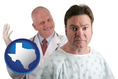 texas map icon and a nervous patient and a smiling urologist