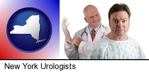 New York, New York - a nervous patient and a smiling urologist